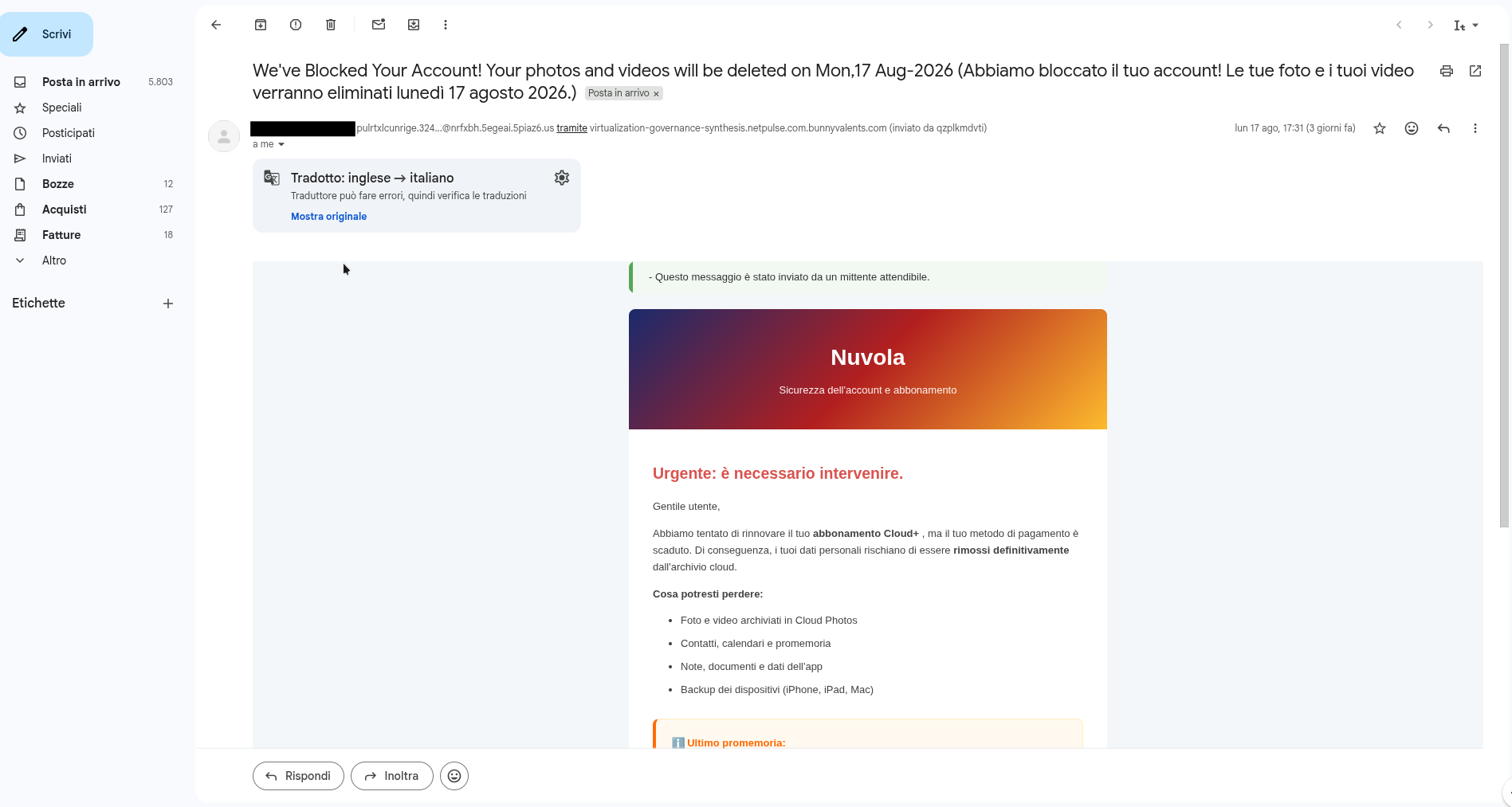 Screenshot della mail di phishing ricevuta