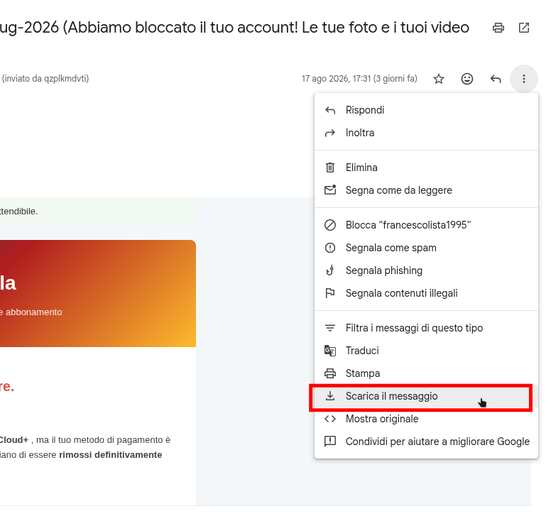 Header della mail di phishing importata nel lettore di testo