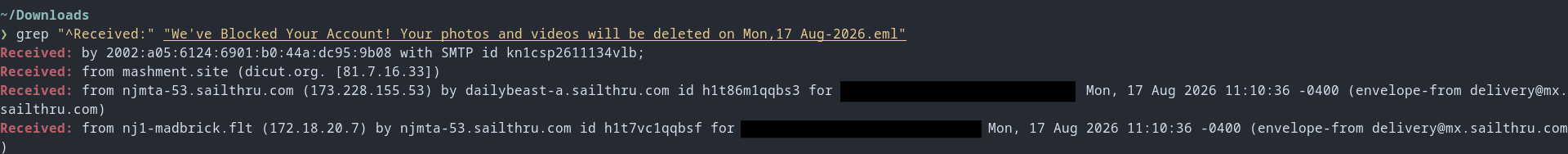Output del grep sui campi Received della mail