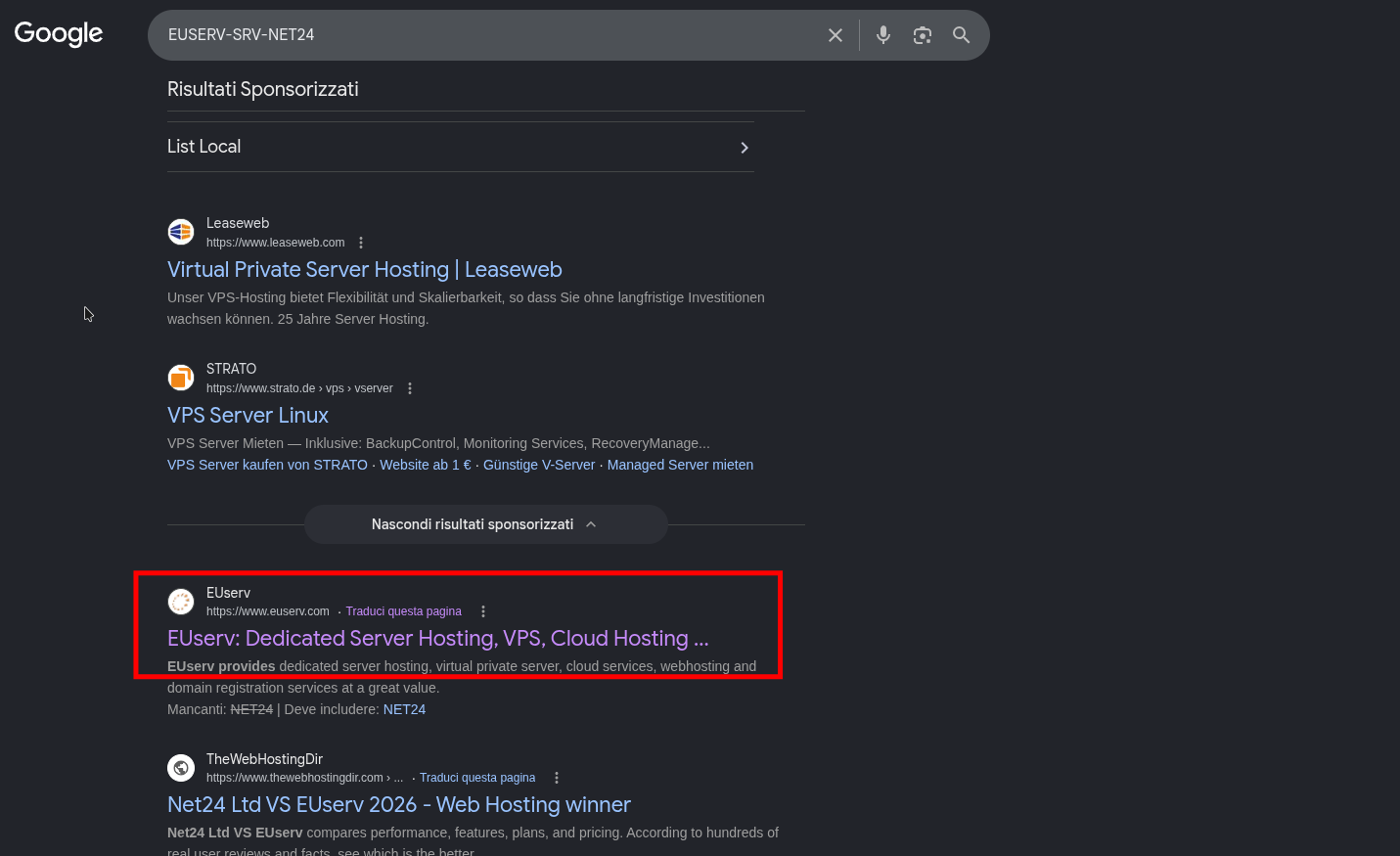 Risultato della ricerca EUserv su Google