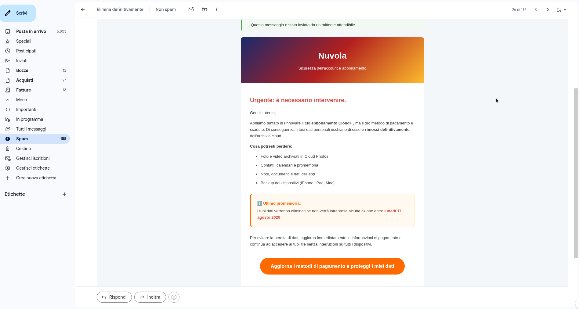 Dettaglio dell'oggetto della mail