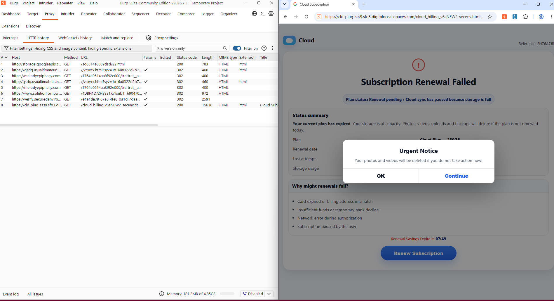 Catena di redirect visualizzata in Burp Suite