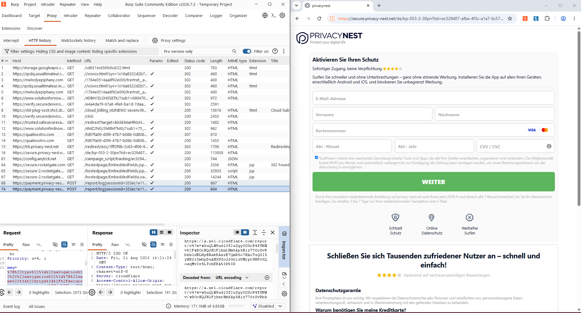 Pagina finale di phishing PrivacyNest con form di pagamento