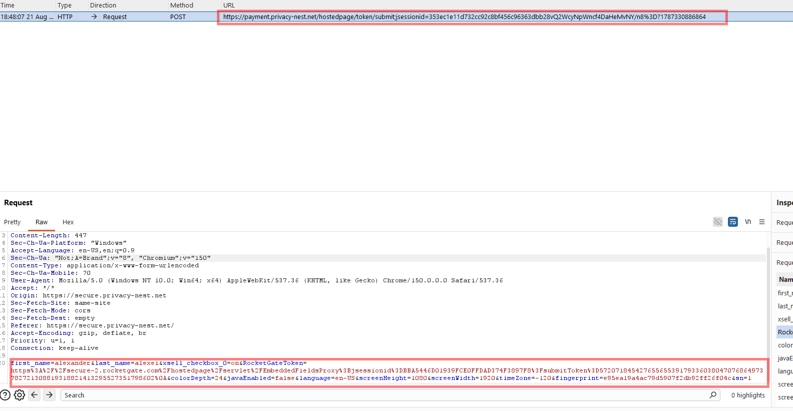 Intercept del POST a payment.privacy-nest.net con token e fingerprint