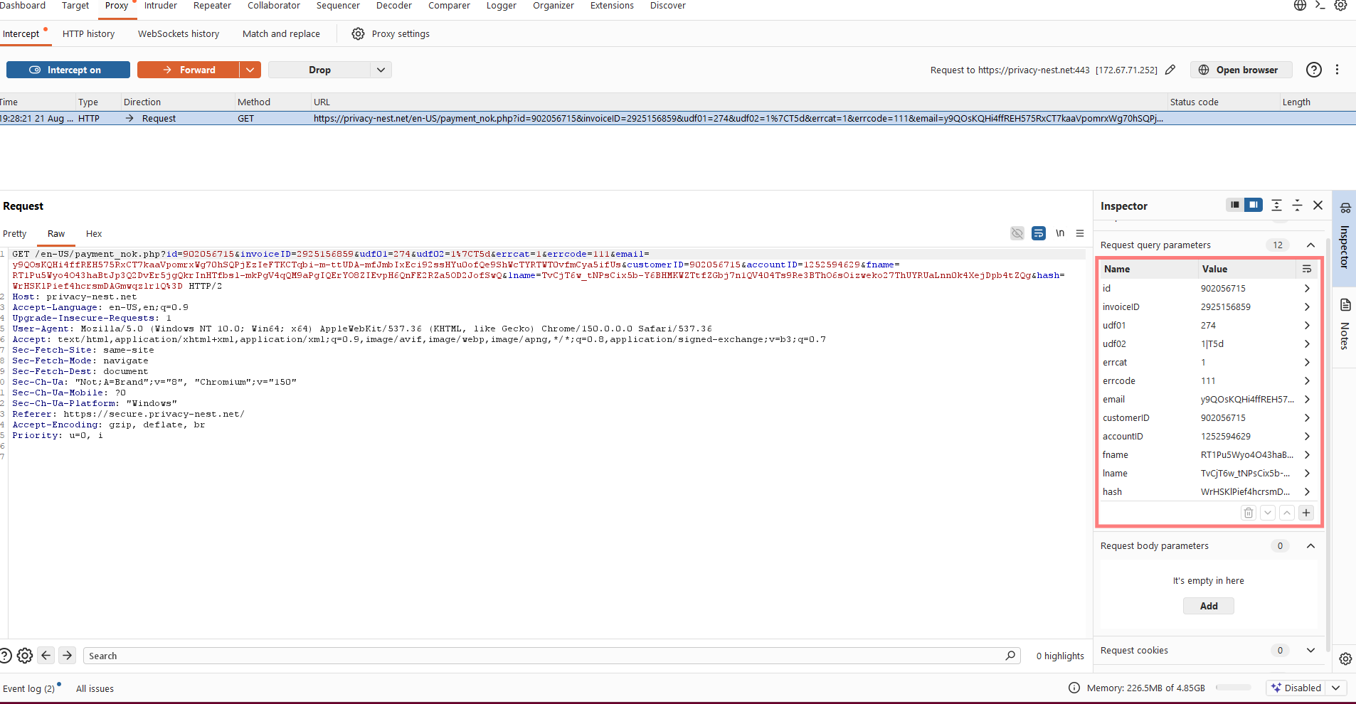 Richiesta GET callback a privacy-nest.net/payment_nok.php
