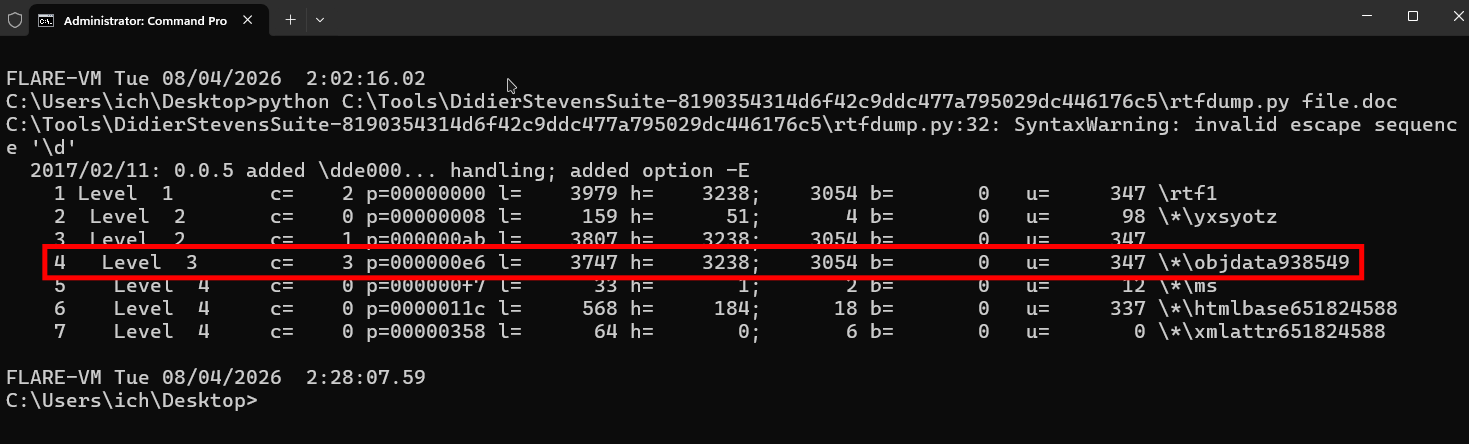 Output dello strumento rtfdump